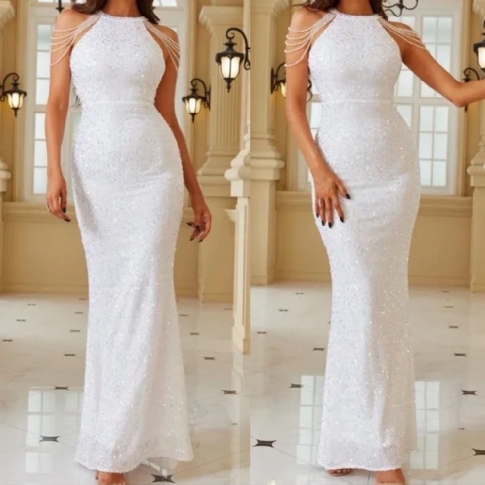 Luxe Sequin Rhinestone Halter Formal Black Tie Wedding Dress XS S M L XL